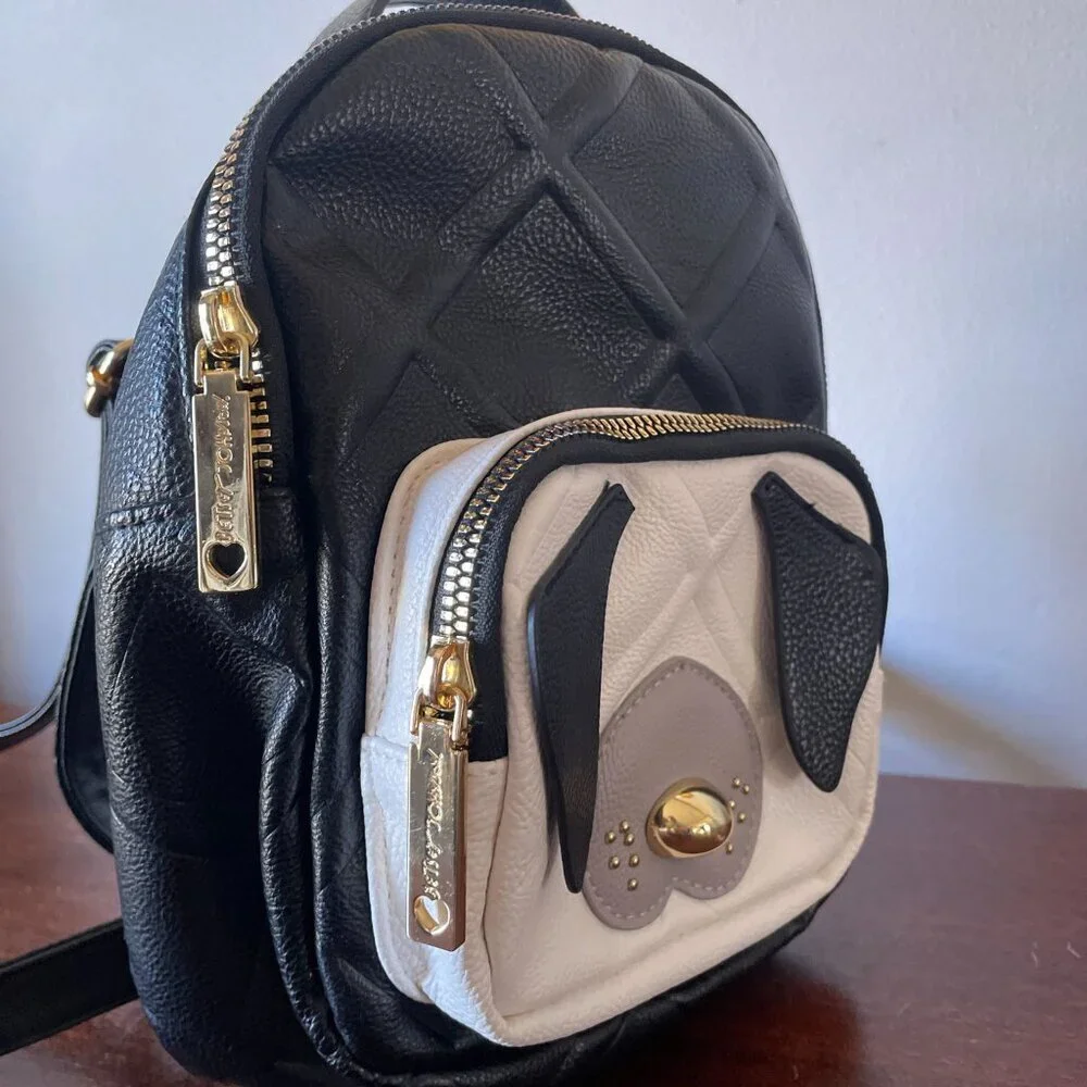 Betsey Johnson Quilted Puppy Dog Mini Backpack | Black & White Kitsch - Picture 1 of 13